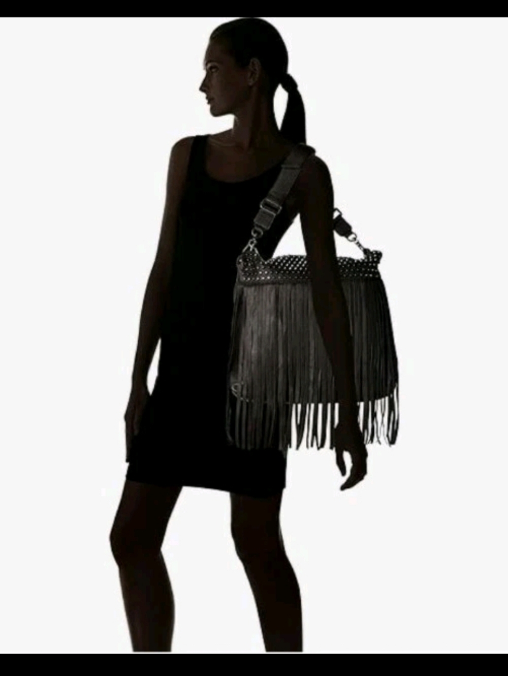 ASH Zappa Fringe Leather Hobo Bag With Studs Black.